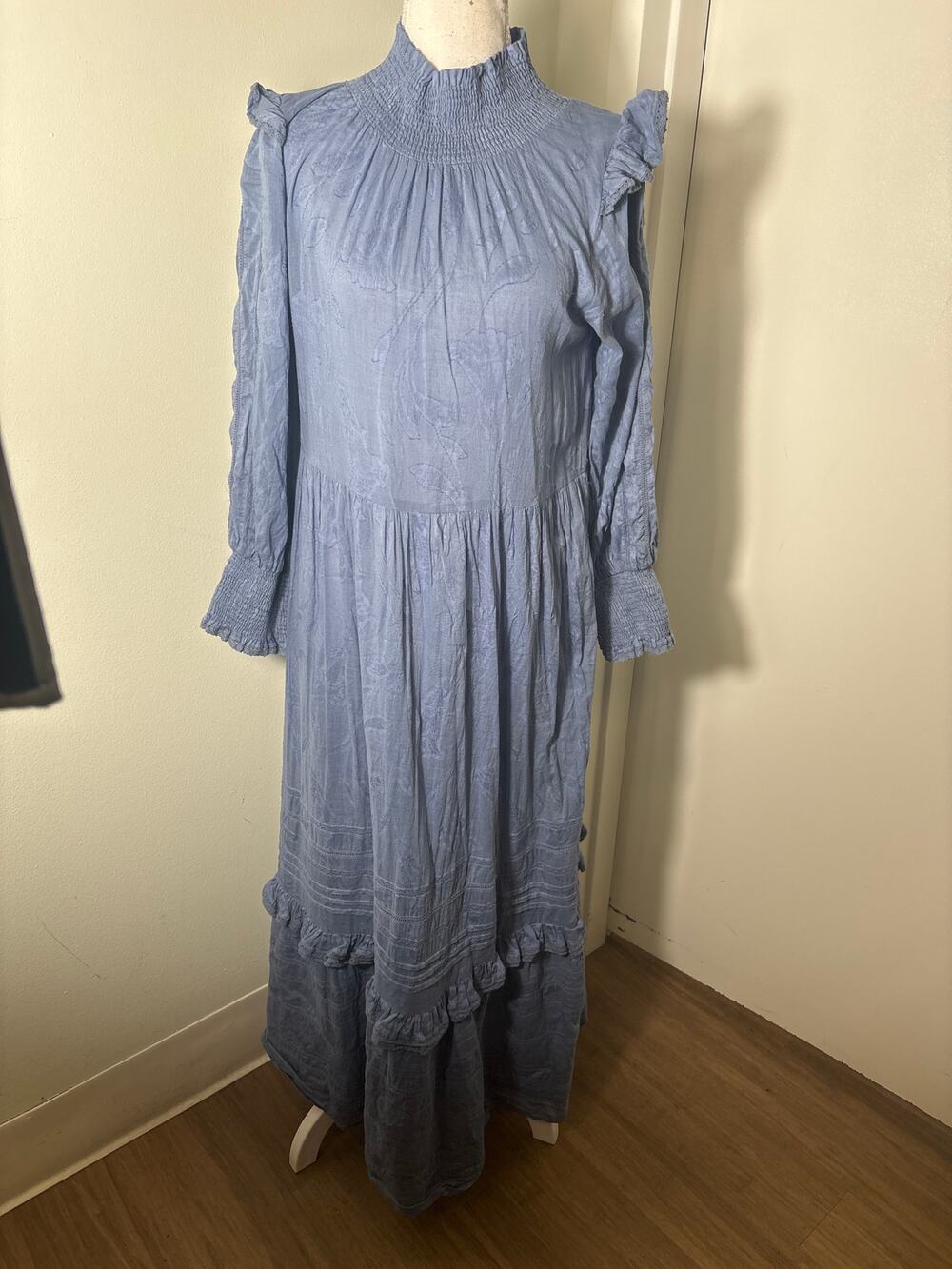 Roller Rabbit Blue Smocked Mock Neck Long Sleeve Maxi Dress Sz XS